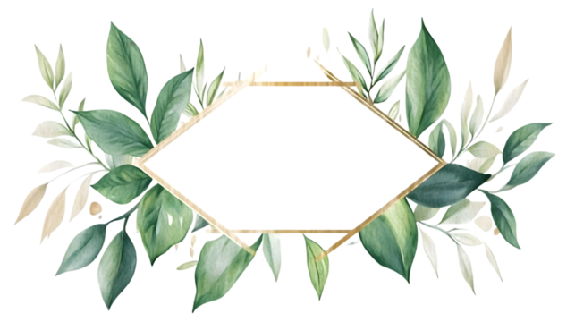 Elegant gold geometric frame adorned with lush green watercolor foliage for invitations and design isolated on white background - Powered by Adobe