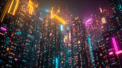 Obraz premium Cyberpunk Cityscape: Vibrant Neon Lights, Futuristic Architecture, Digital Rain, Nighttime View.