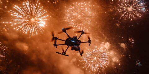 Drone flying through celebratory fireworks display at night