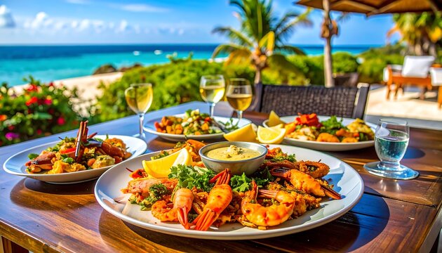 Delicious seafood dishes are served on a table overlooking a beautiful beach.