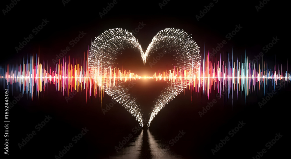 Poster a vibrant visual representation of love, merging sound waves with a heart shape, symbolizing deep em