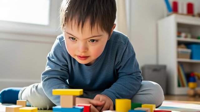 Young boy with down syndrome playing with colorful wooden building block. Early development and inclusive education concept.