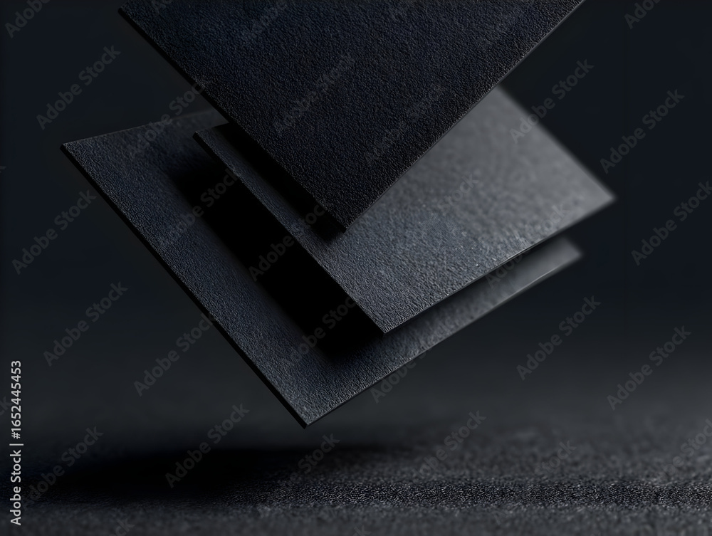 Poster an artistic representation of layered black paper sheets suspended in mid-air against a dark backdro