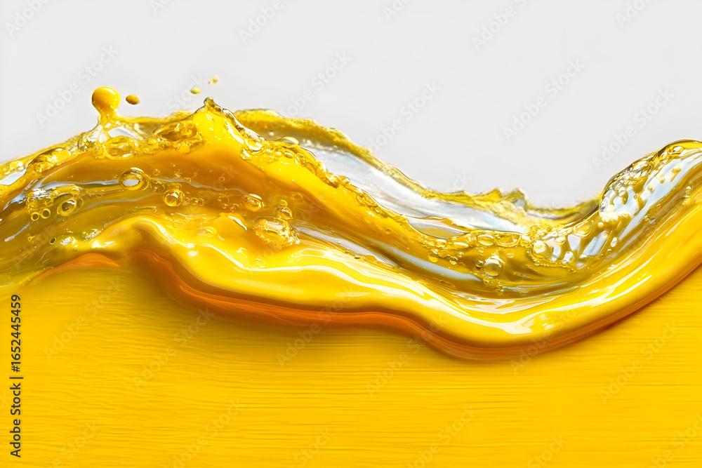Poster a vibrant splash of yellow oil forms abstract waves, creating a dynamic and lively visual effect ide