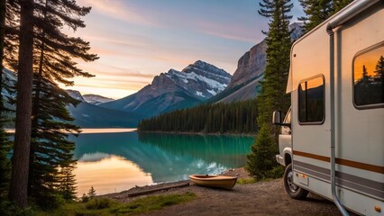 RV camper trailer parked near turquoise lake at golden sunset, surrounded by pine trees, with majestic snowcapped mountains reflecting in serene water background