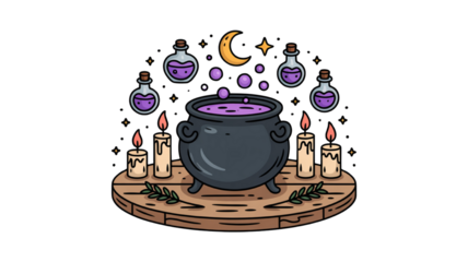 Mystical witch s cauldron with potions and candles on a wooden platform