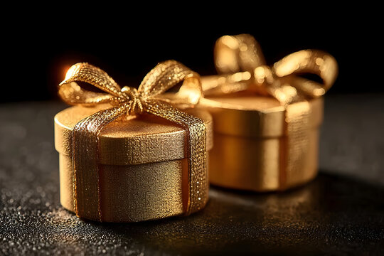 Two elegant golden gift boxes with shiny ribbons, beautifully presented against a dark background, perfect for celebrating special occasions and moments.