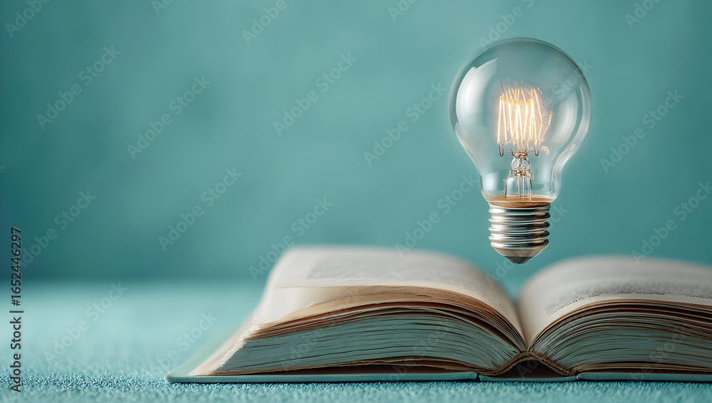 Poster an open book with a floating light bulb above it symbolizes creativity and imagination. a perfect im