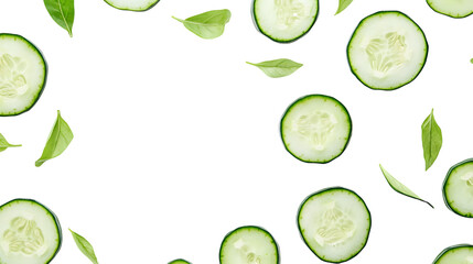 Refreshing cucumber slices and fresh basil leaves arranged for healthy culinary inspiration and vibrant wellness content isolated on white background