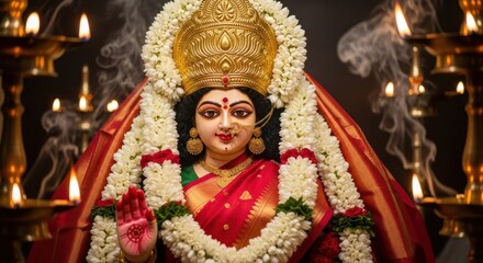 Obraz premium Devotional Portrait of Goddess Lakshmi Amidst Lit Lamps