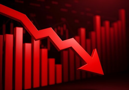 3d render of a red arrow pointing diagonally downwards symbolizing financial loss, fail,  negative trend or decline. The background consist of a blurred glowing red financial bar chart.