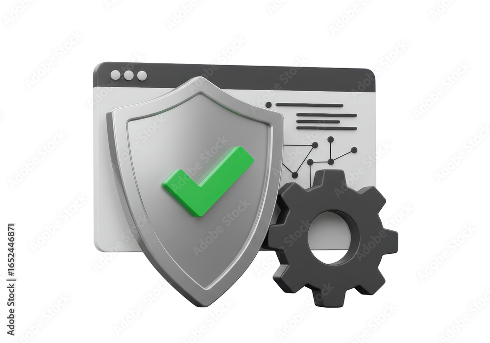 Poster isolated 3d render: secure web browsing with settings gear and checkmark
