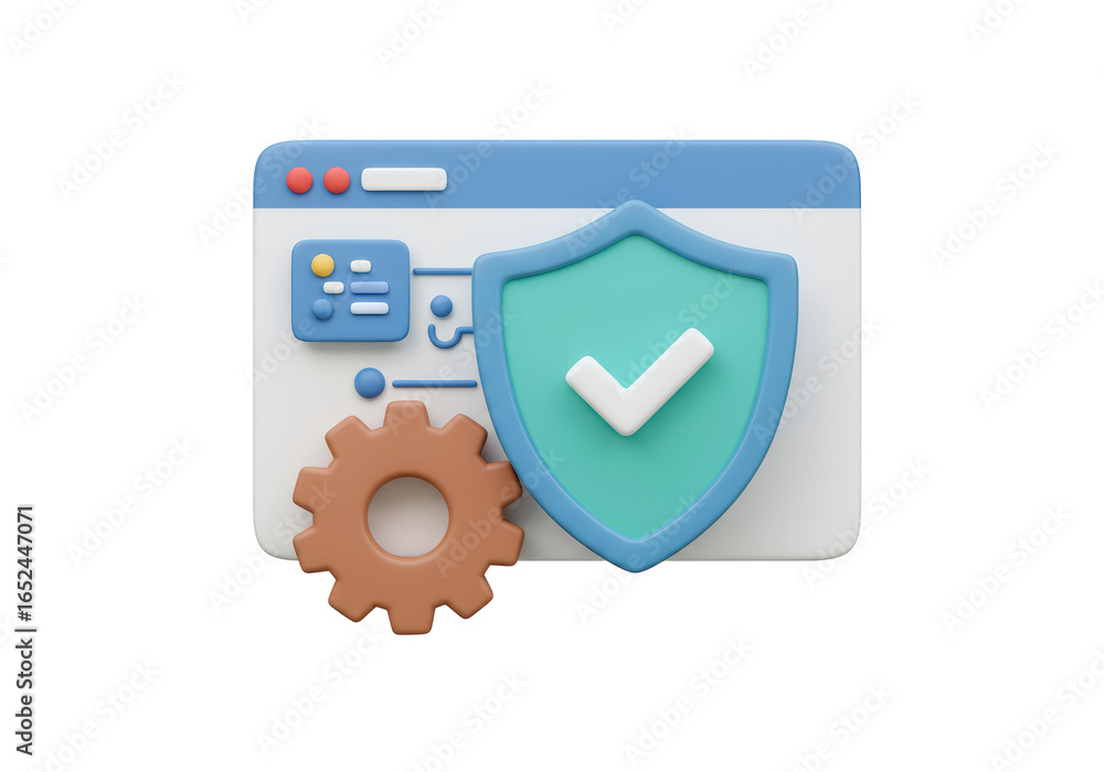 Poster isolated 3d render: cybersecurity shield with web browser and settings gear