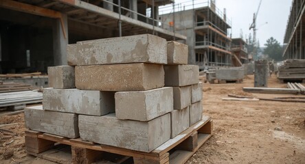 Concrete Blocks on Pallet at Construction Site, Building Materials, Outdoors.