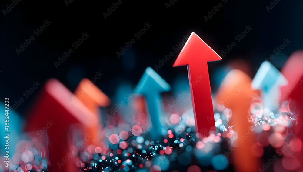 Poster an abstract representation of progress with colorful arrows pointing upward, symbolizing growth, suc