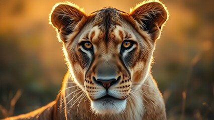 A lioness stares intently with golden savanna light highlighting her powerful and majestic presence.