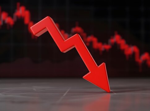 3d render of a red arrow pointing diagonally downwards symbolizing financial loss, fail,  negative trend or decline. The background consist of a blurred glowing red financial bar chart.
