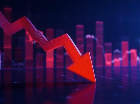 3d render of a red arrow pointing diagonally downwards symbolizing financial loss, fail,  negative trend or decline. The background consist of a blurred glowing red financial bar chart.