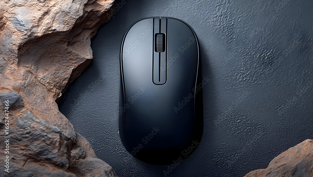 Poster a sleek black wireless computer mouse positioned on a textured surface with rocks, ideal for showcas