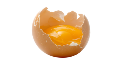 Fresh, cracked brown egg with vibrant golden yolk, ready for culinary creation, close up
