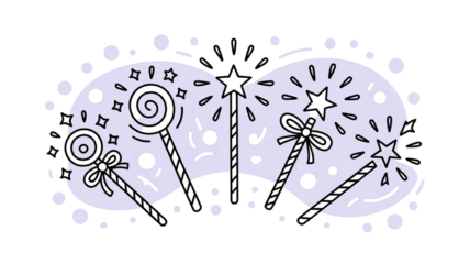 Whimsical hand drawn magical sparkle elements on black background