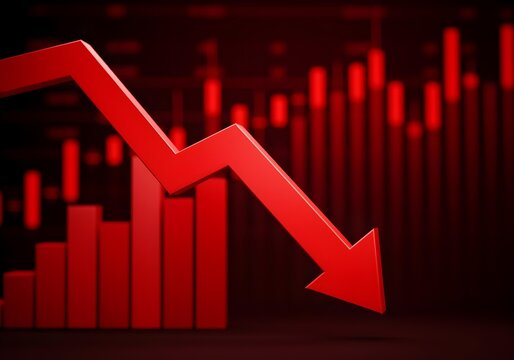 3d render of a red arrow pointing diagonally downwards symbolizing financial loss, fail,  negative trend or decline. The background consist of a blurred glowing red financial bar chart.