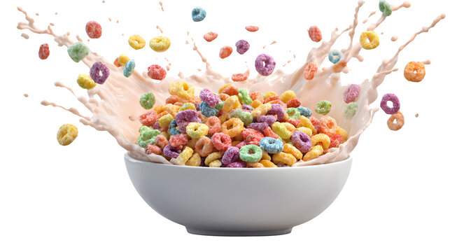 Energetic colorful cereal splash in milk, perfect for breakfast advertising and vibrant food concepts.