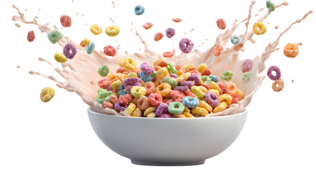Energetic colorful cereal splash in milk, perfect for breakfast advertising and vibrant food concepts.