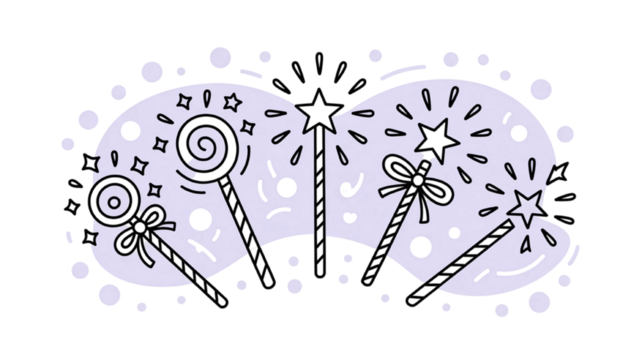 Whimsical hand drawn magical sparkle elements on black background