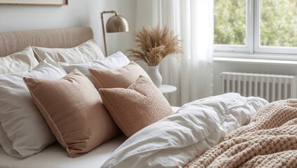 Cozy Bedroom Interior with Neutral Tones, Pillows, and a Throw Blanket by the Window