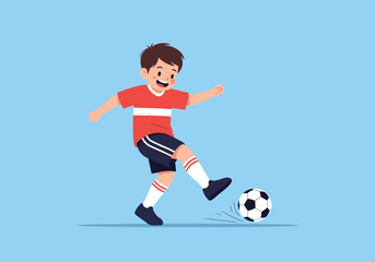 Energetic young boy enthusiastically kicking a soccer ball during outdoor playtime