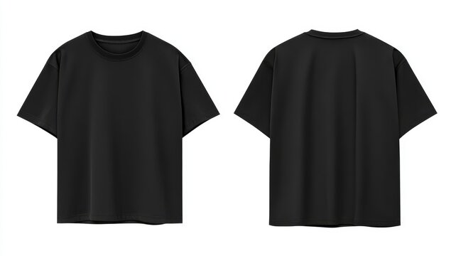 Black blank t-shirt template isolated on a white background, front and back view mockup. Mockup of a black color oversized T-shirt