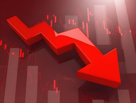 3d render of a red arrow pointing diagonally downwards symbolizing financial loss, fail,  negative trend or decline. The background consist of a blurred glowing red financial bar chart.