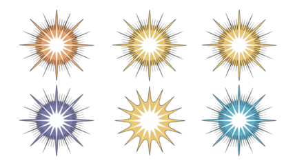 Collection of six glowing starbursts and sparkle effects on black background