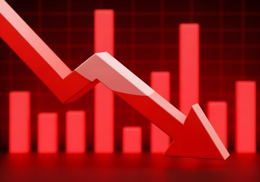 3d render of a red arrow pointing diagonally downwards symbolizing financial loss, fail,  negative trend or decline. The background consist of a blurred glowing red financial bar chart.