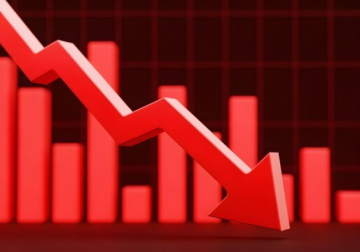 3d render of a red arrow pointing diagonally downwards symbolizing financial loss, fail,  negative trend or decline. The background consist of a blurred glowing red financial bar chart.
