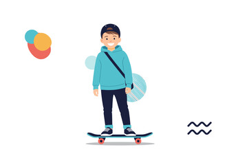 Young boy enjoying a fun day outdoors riding his skateboard with a smile