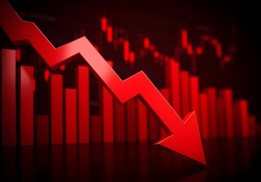 3d render of a red arrow pointing diagonally downwards symbolizing financial loss, fail,  negative trend or decline. The background consist of a blurred glowing red financial bar chart.