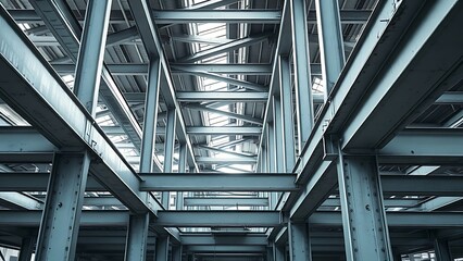 Industrial metal beams forming an abstract geometric composition in a construction setting with cool steel tones.