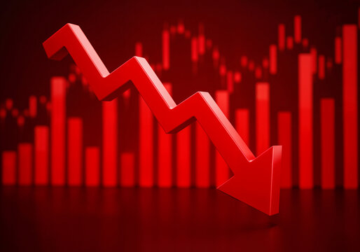 3d render of a red arrow pointing diagonally downwards symbolizing financial loss, fail,  negative trend or decline. The background consist of a blurred glowing red financial bar chart.