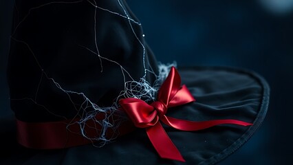 Black witch hat with silver cobwebs and crimson ribbon, embodying Halloween elegance and mystery.