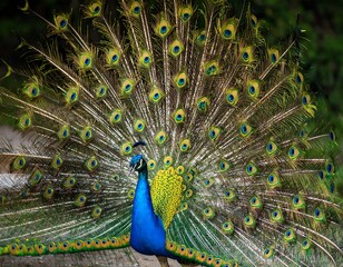 Obraz premium A vibrant peacock displays its iridescent tail feathers in a full, majestic spread