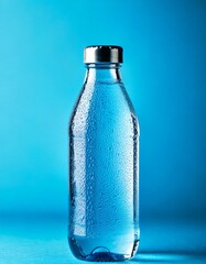 Clear glass water bottle stands upright against a bright blue background, highlighting its smooth transparent surface, simple elegant shape, refreshing purity, sustainable everyday use, modern eco-fri