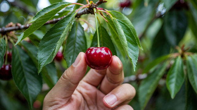 A cherry is carefully removed from the stem and popped into someone&rsquo;s mouth