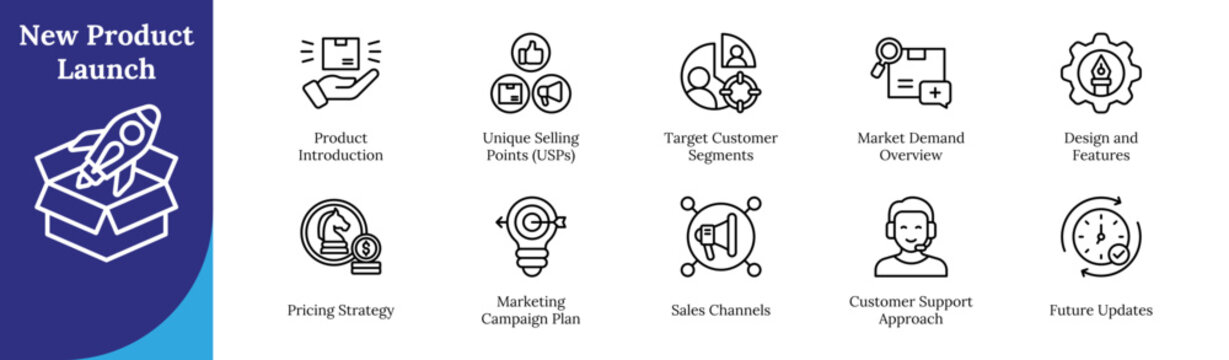 Product Launch Outline Icon Sheet Design Vector - representing new product introduction, customer targeting, market demand, pricing strategy, marketing campaigns, sales channels, support, innovation
