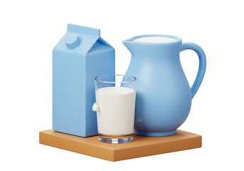 Isolated 3D Render of Milk Carton, Glass, and Pitcher on a Wooden Tray