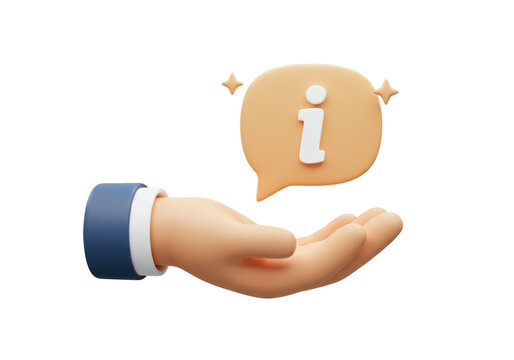 Isolated 3D Render of an Open Hand Holding an Information Bubble Icon