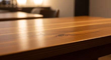Obraz premium Close-up of a warm, polished wooden table surface showcasing natural grain and texture in a modern interior setting.