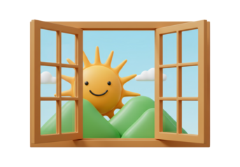 Isolated 3D Render of an Open Window with Smiling Sun and Green Hills