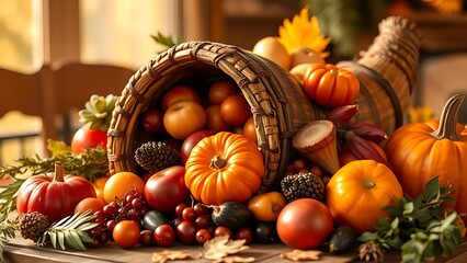 Cornucopia overflowing with seasonal fruits and vegetables, bathed in soft golden sunlight against a wooden table.